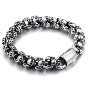Vintage silver stainless steel gothic skull bracelet with detailed skull chain design and polished clasp closure