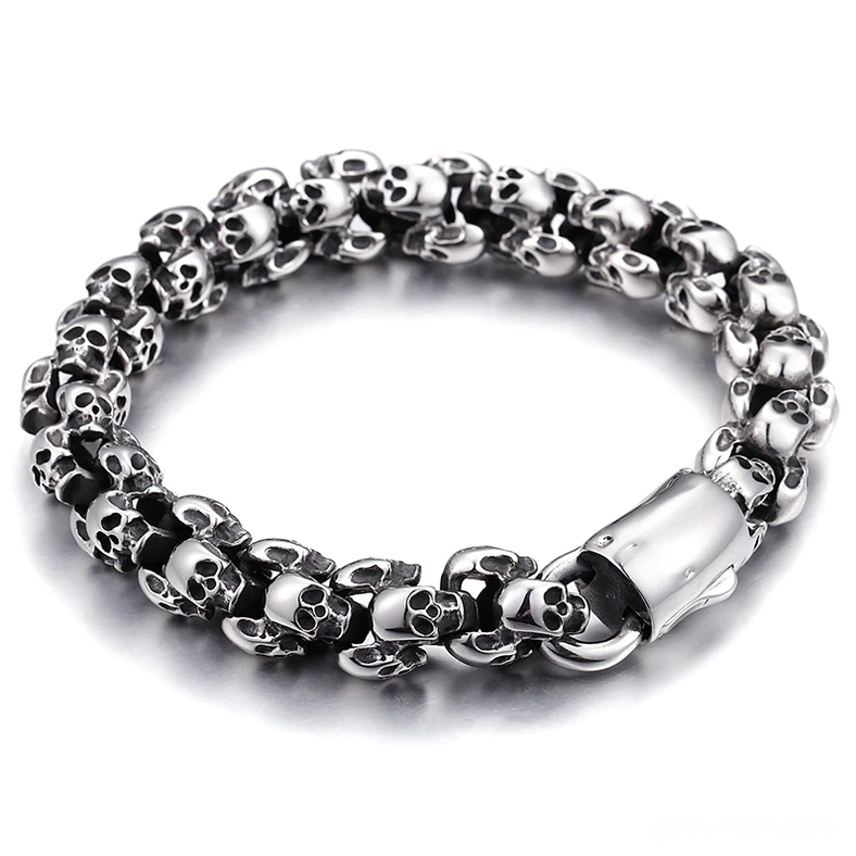 Vintage silver stainless steel gothic skull bracelet with detailed skull chain design and polished clasp closure
