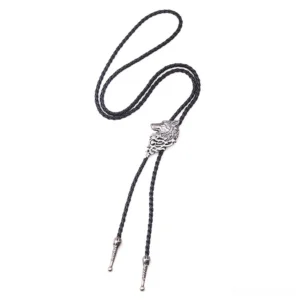 Silver wolf head bolo tie necklace hanging side view, braided black rope chain, gothic choker pendant in silver metal finish