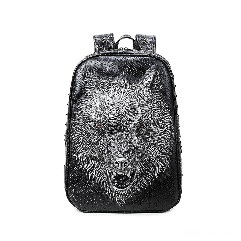 Silver 3D wolf head gothic backpack with grey metallic wolf ornament - alternative colorway front
