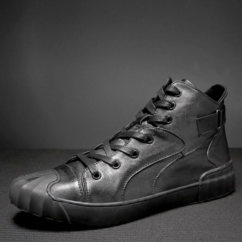 Single black genuine leather high-top gothic sneaker three-quarter side view with visible lace-up laces