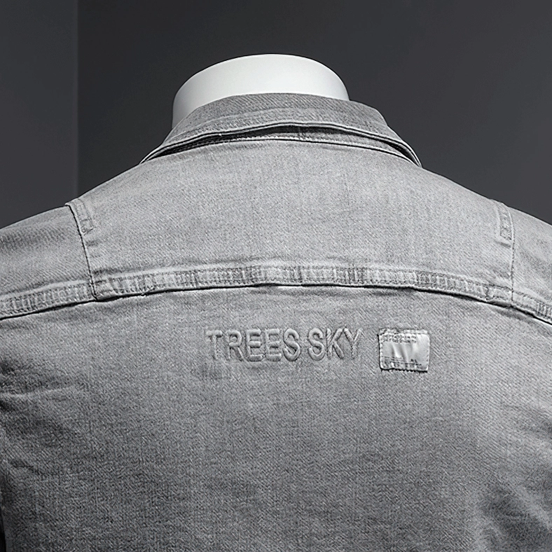 Single-breasted grey denim jacket with turn-down collar - minimalist gothic style