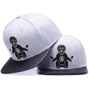 Skeleton motorcyclist gothic snapback cap overlapping product shots showing grey and black faux leather design