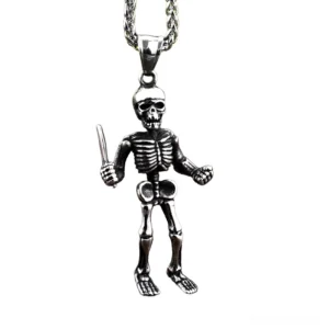Skeleton biker knife gothic pendant necklace front view antique silver stainless steel