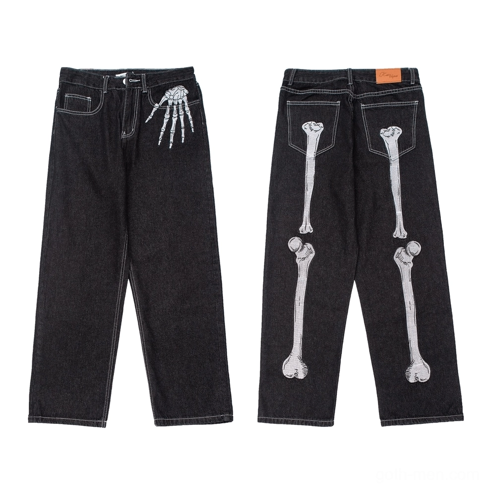 Skeleton bone print gothic jeans dual flat lay view showing front and back design details