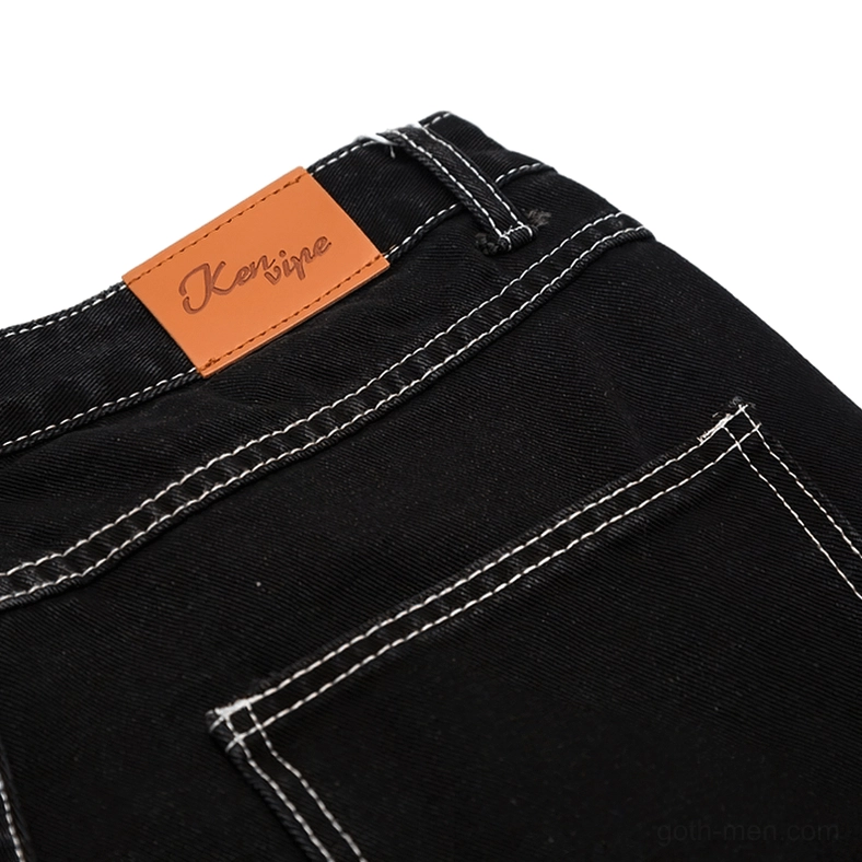 Full length skeleton bone print gothic jeans on male model, black denim distressed alternative style