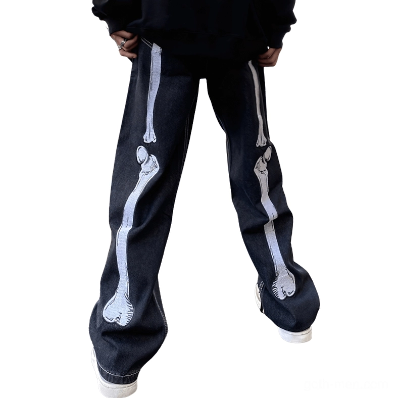 Side view of skeleton bone print gothic jeans on male model, street casual wear outdoor styling