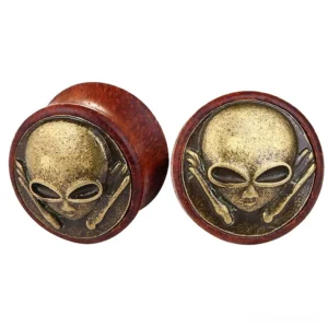 Wine red skeleton bone wood ear gauges with vintage bronze skull crossbones design, gothic flesh tunnel plugs 8-30mm