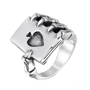 Silver skeleton claw spade ace gothic ring oblique view showing raised card detail and skeletal finger structure