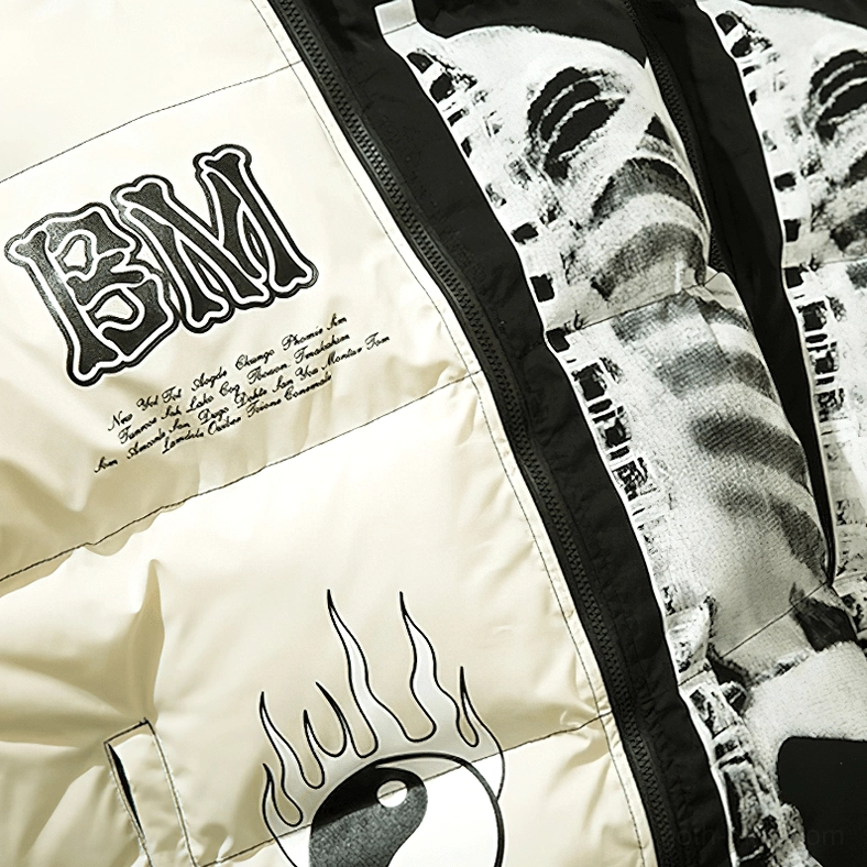 Skeleton gothic hooded puffer jacket color blocking detail showing layered design and zippers