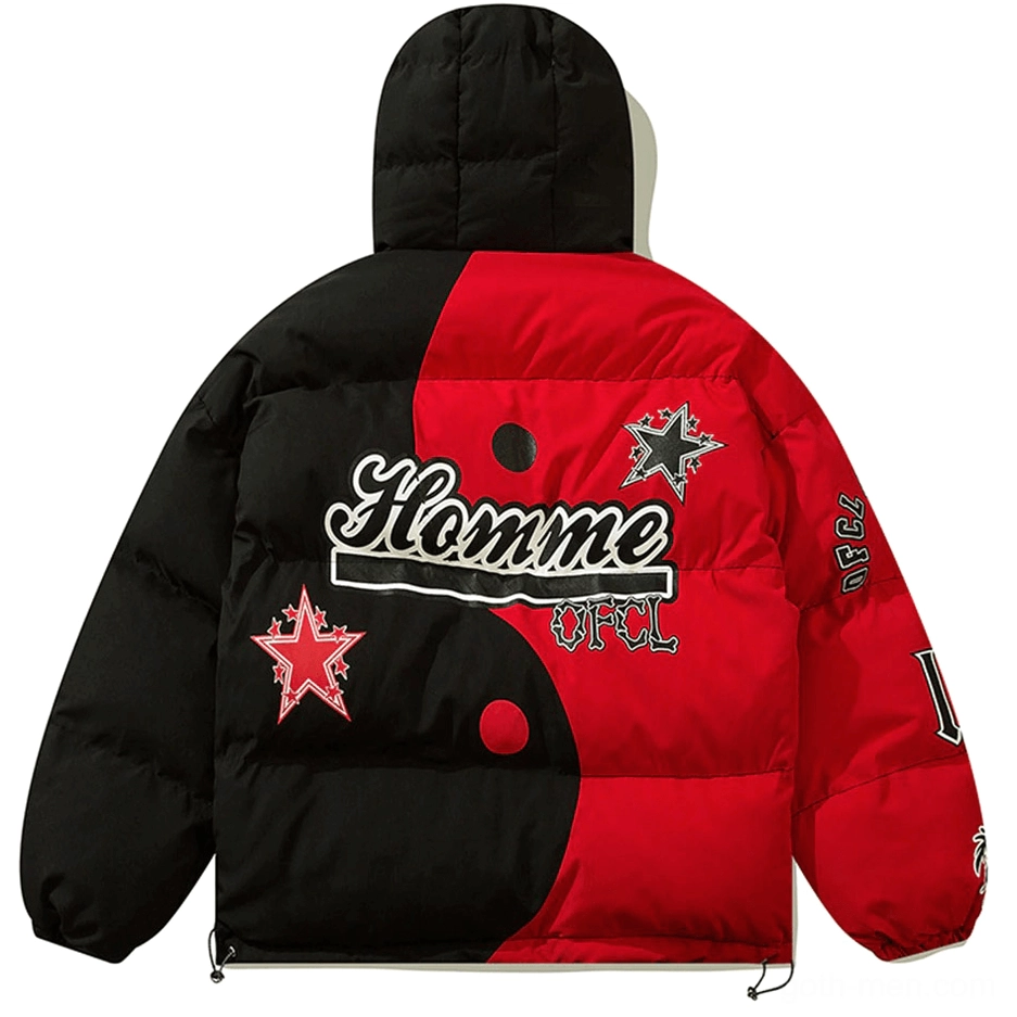 Skeleton gothic hooded puffer jacket back view with Homme OFCL lettering and star prints cream