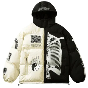 Cream and black skeleton gothic hooded puffer jacket with Tai Chi flame front view