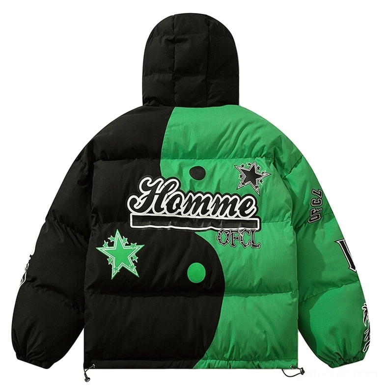 Skeleton gothic hooded puffer jacket back view with Homme OFCL lettering and star prints green