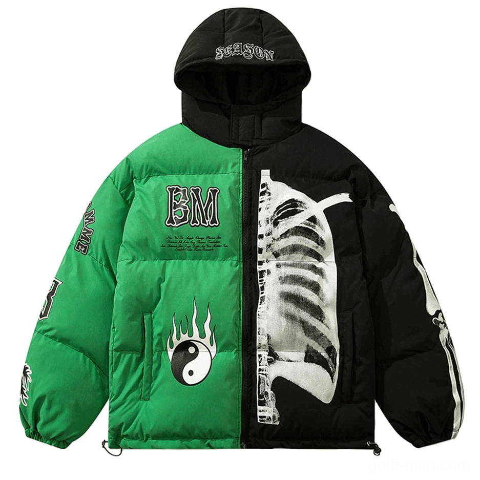 Green and black skeleton gothic hooded puffer jacket with flame print front view