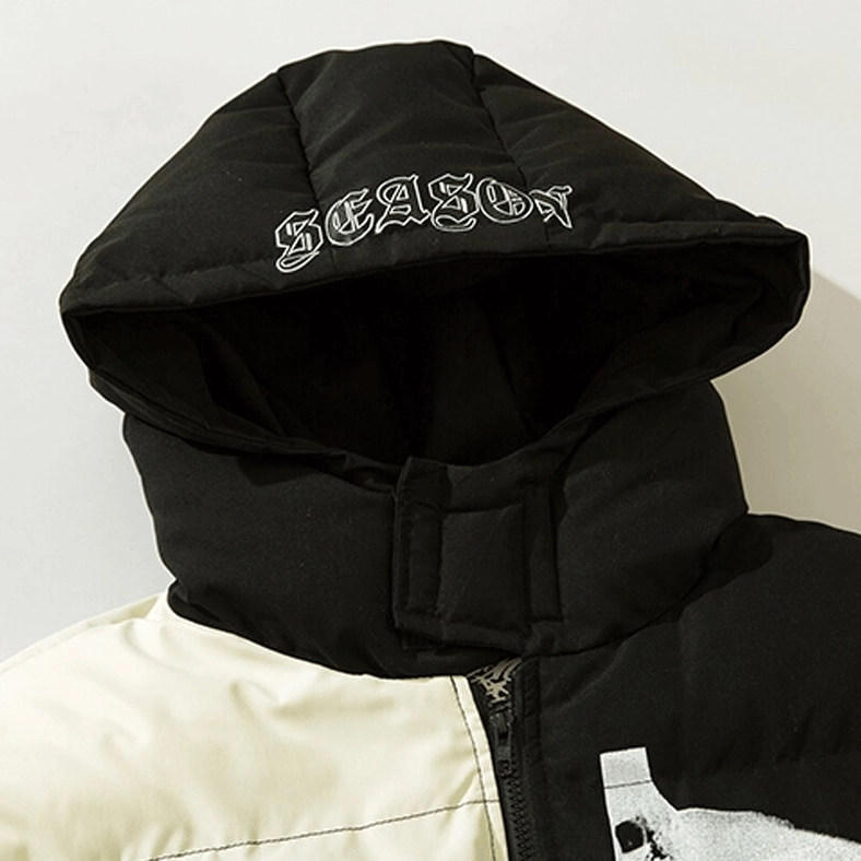 Skeleton gothic hooded jacket close-up detail of hood with Season embroidery and quilted padding