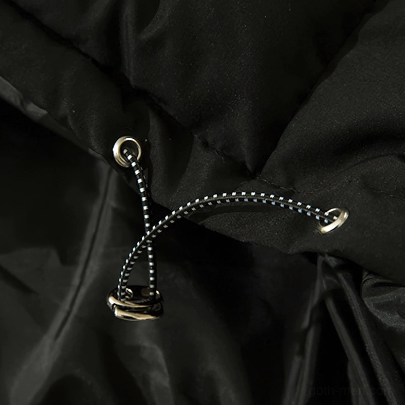 Skeleton gothic hooded puffer jacket hood and neckline close-up with drawstring detail