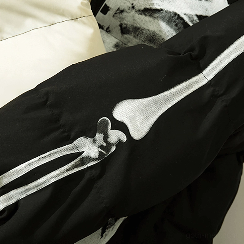 Skeleton gothic hooded puffer jacket front pocket and construction detail with reinforced stitching