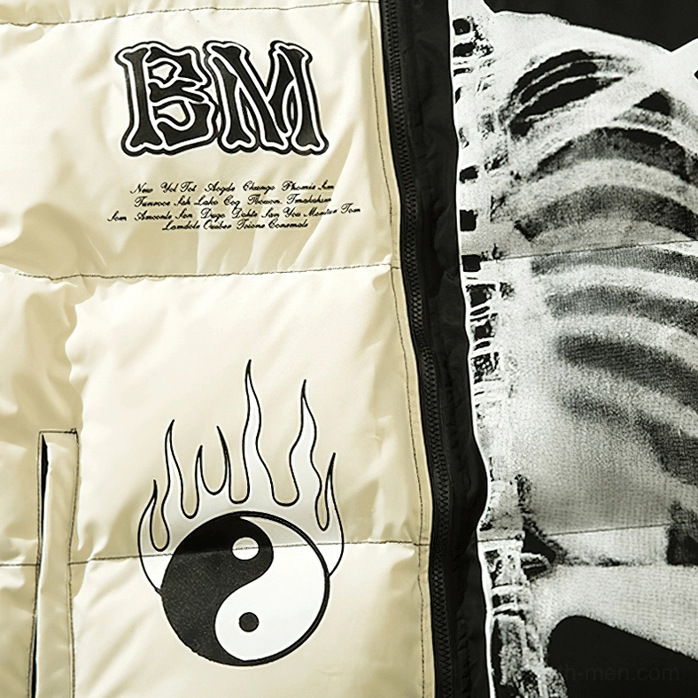 Skeleton gothic hooded jacket print detail close-up of BM lettering with flame Tai Chi and skeleton rib motifs