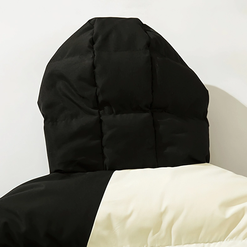 Skeleton gothic puffer jacket close-up detail of quilted padded fabric back panel cream black