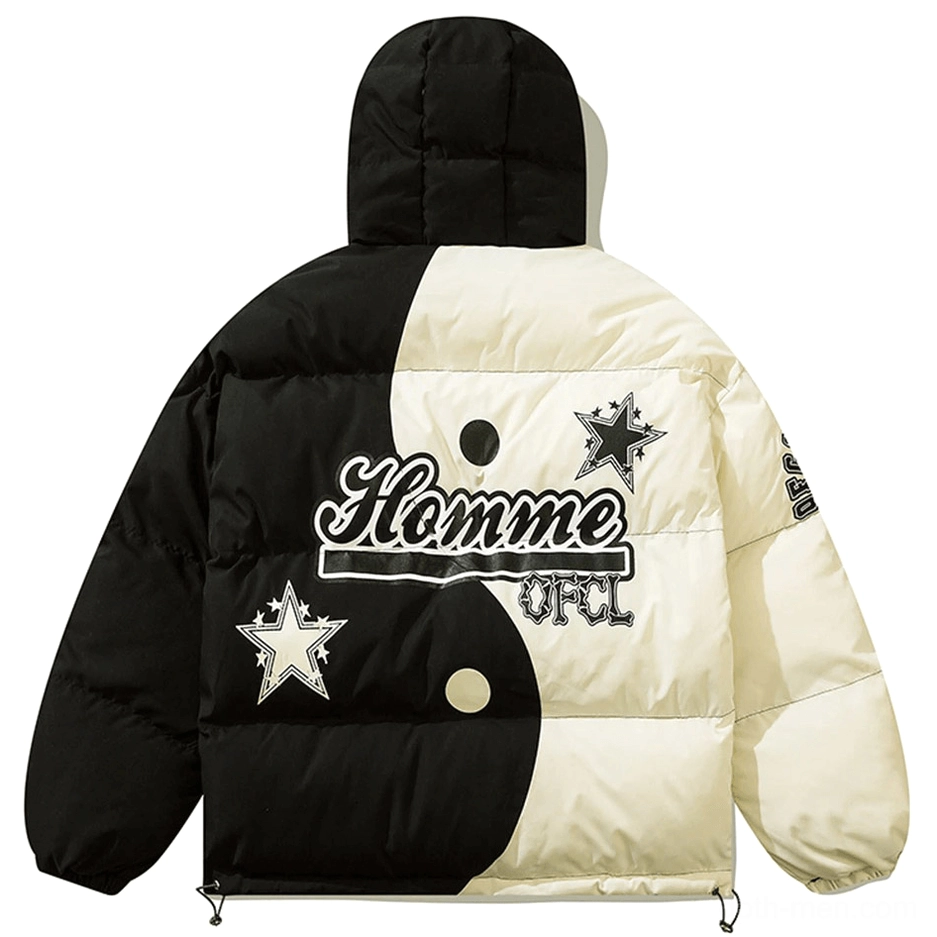 Skeleton gothic hooded puffer jacket back view with Homme OFCL lettering and star prints red