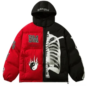 Red and black skeleton gothic hooded puffer jacket with flame print front view