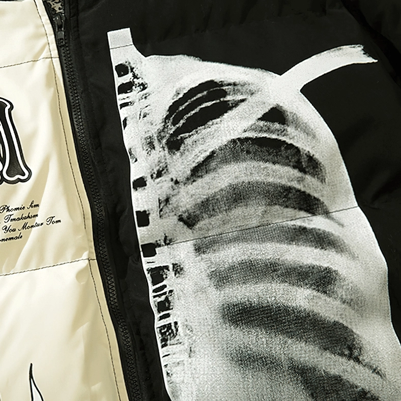 Skeleton gothic hooded puffer jacket full length side view oversized fit silhouette