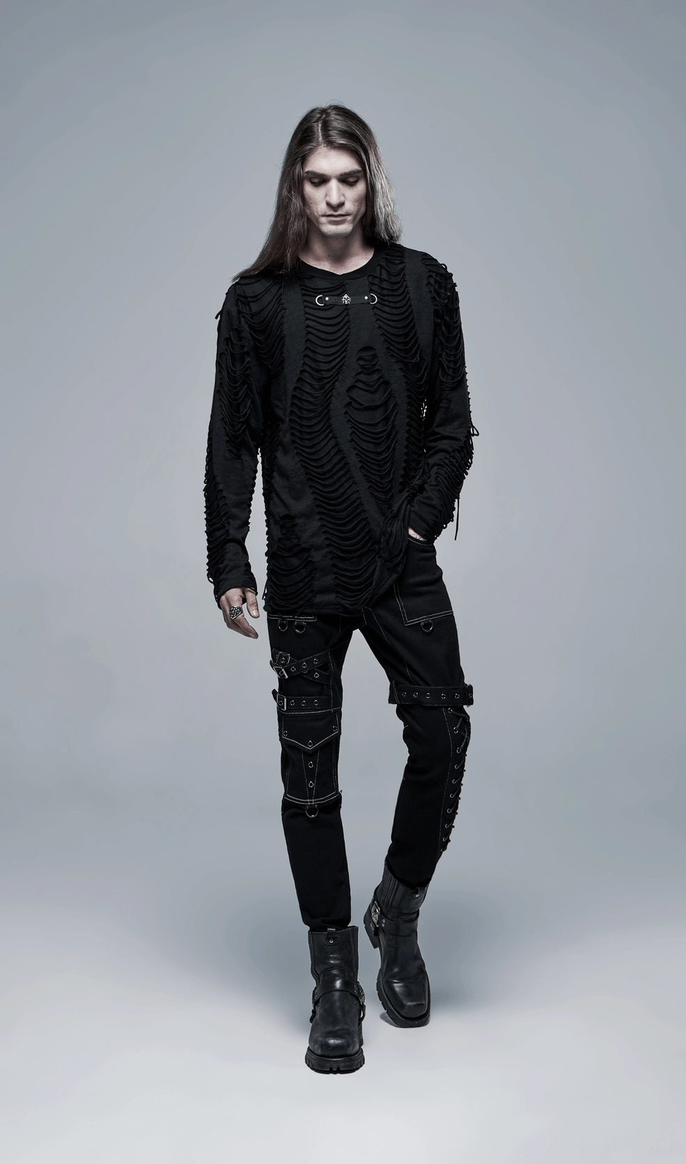 Black gothic long sleeve sweatshirt product shot displaying complete skeletal ripped design aesthetic
