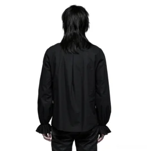 Black skeleton embroidered gothic shirt back view on male model showcasing central back pleat and ruffled cuffs