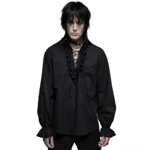 Black skeleton embroidered lace-up gothic shirt front view on male model with ruffled lace cuffs