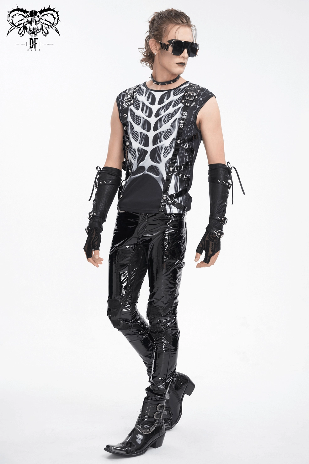 Overall aesthetic profile of men's black skeleton gothic punk tank top