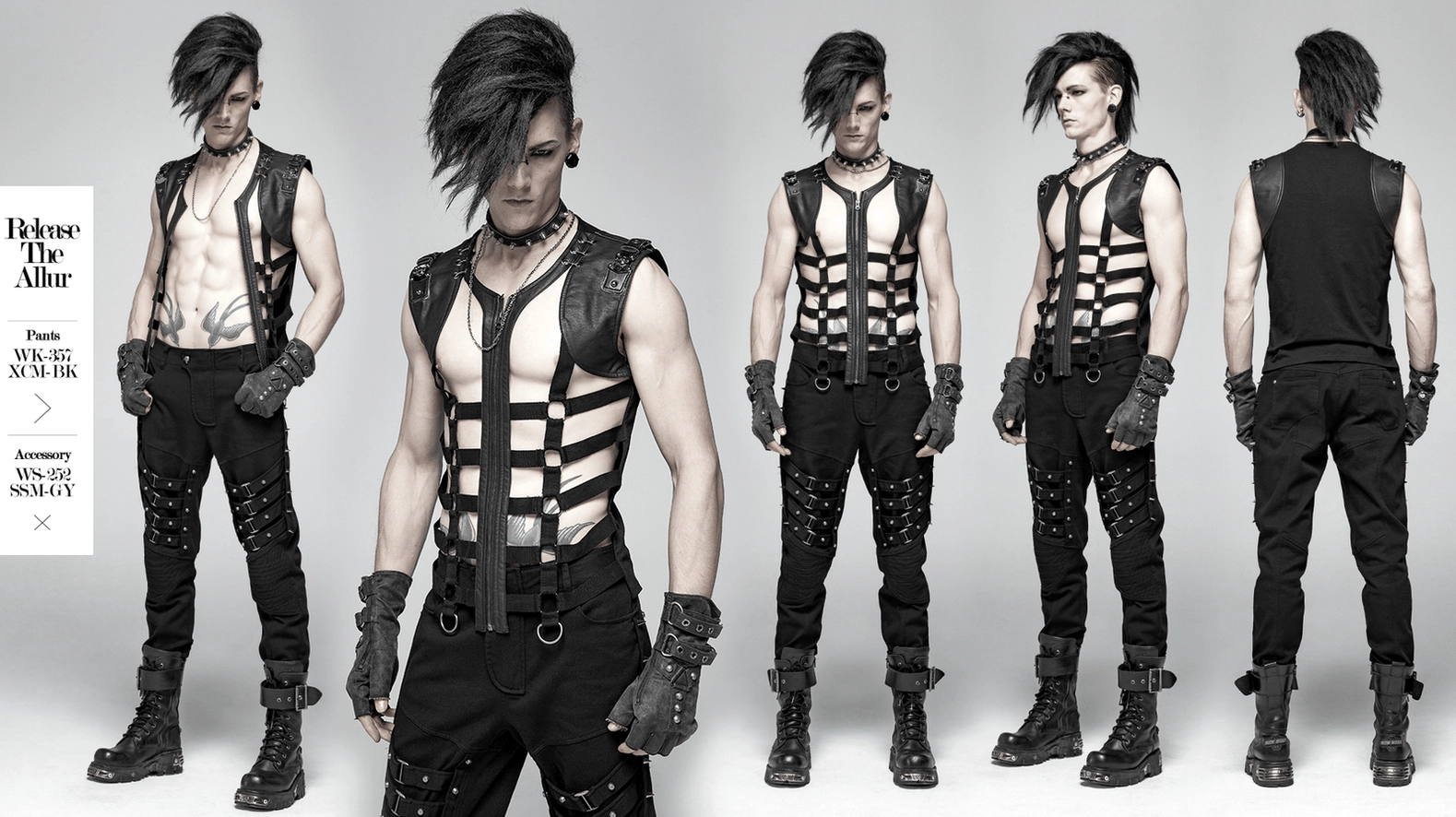 Black skeleton gothic vest three-quarter angle view displaying metal shoulder hardware and lattice pattern