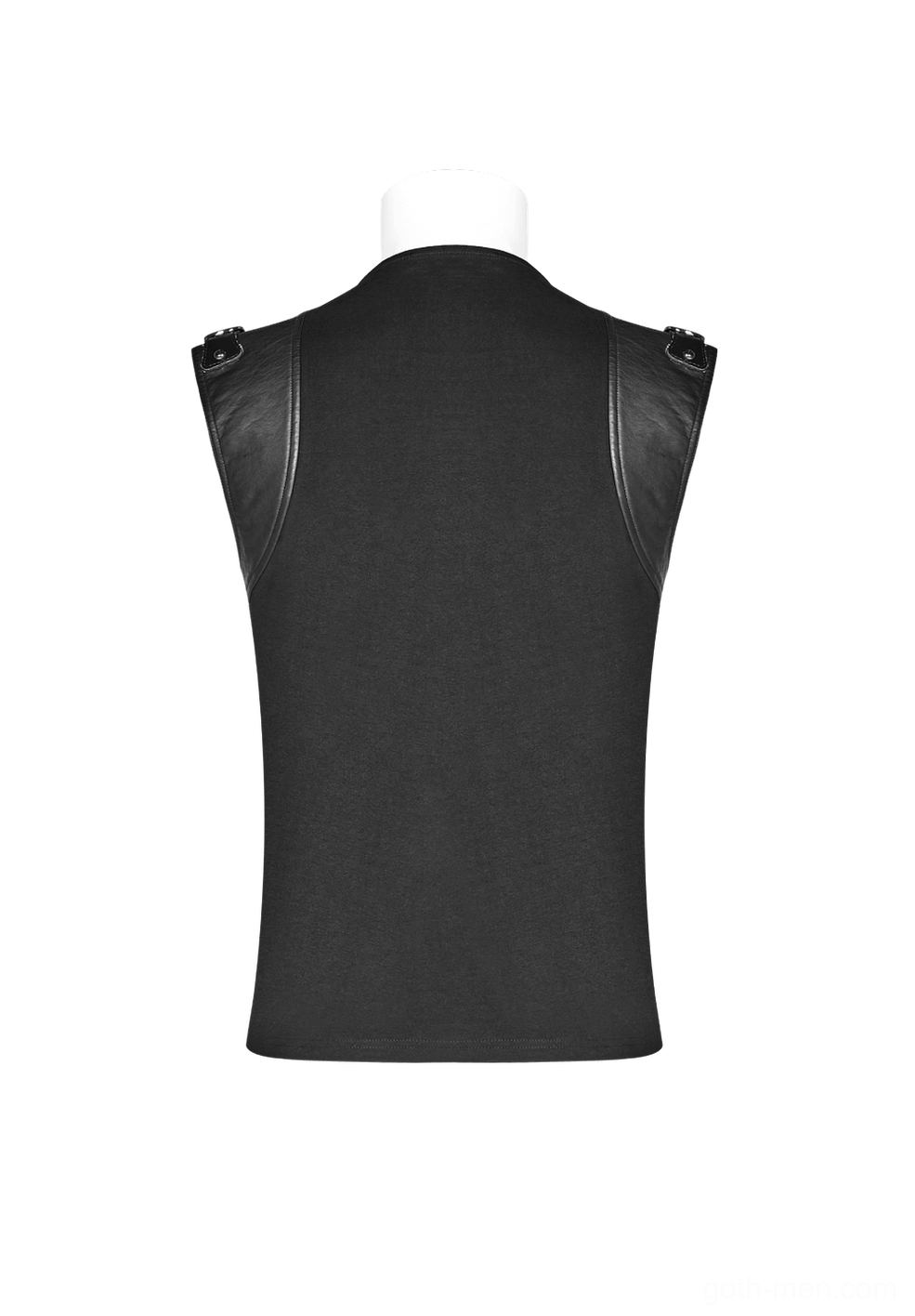 Black skeleton gothic vest back view on mannequin displaying solid fabric and leather shoulder accent panels