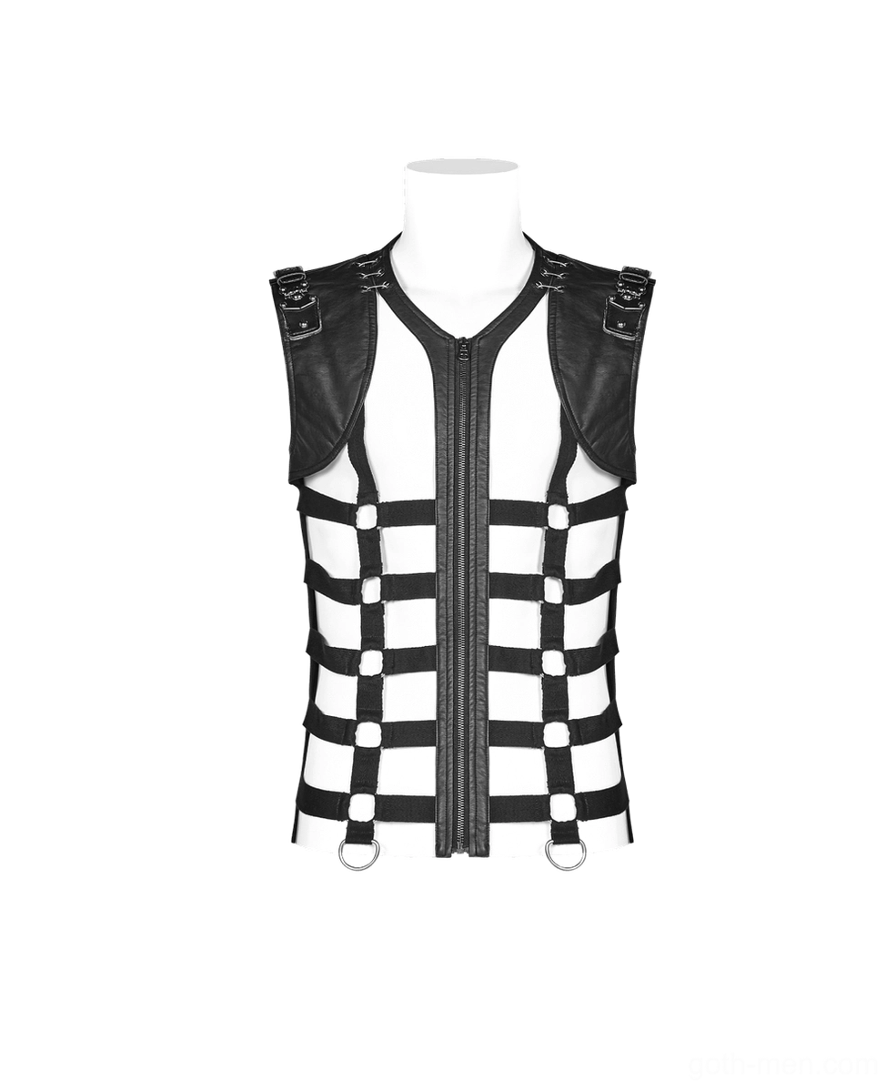 Black skeleton gothic vest front view on mannequin with metal D-ring hardware and lattice cutout harness
