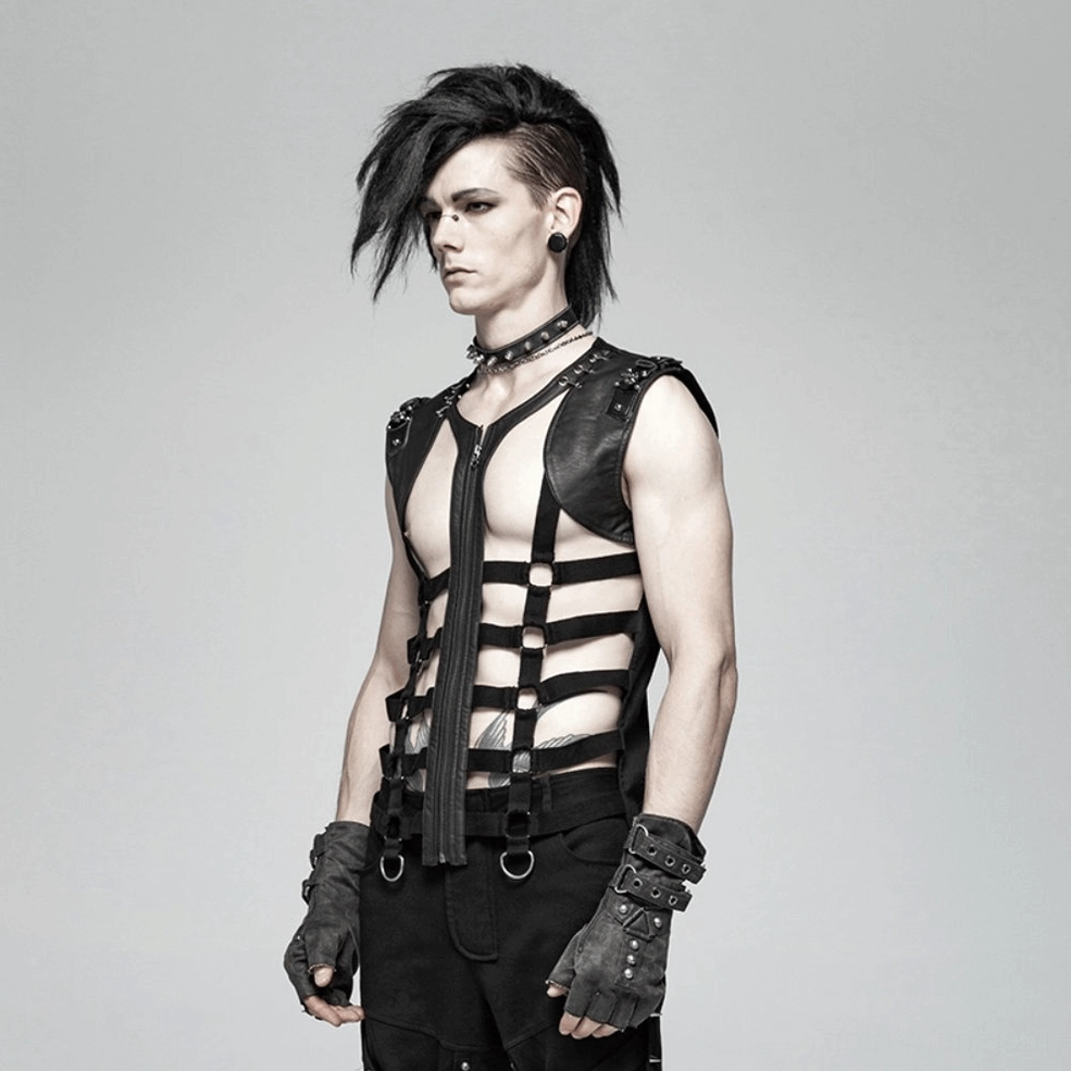 Black skeleton gothic vest showing overall proportions and fit on male model with studio background