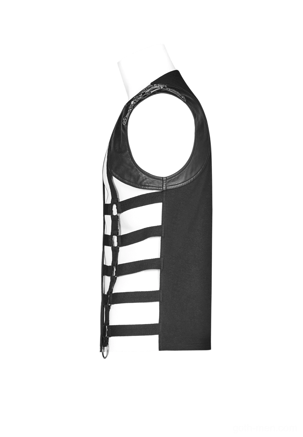 Black skeleton gothic vest side view on mannequin showing fitted sleeveless design and lattice front harness