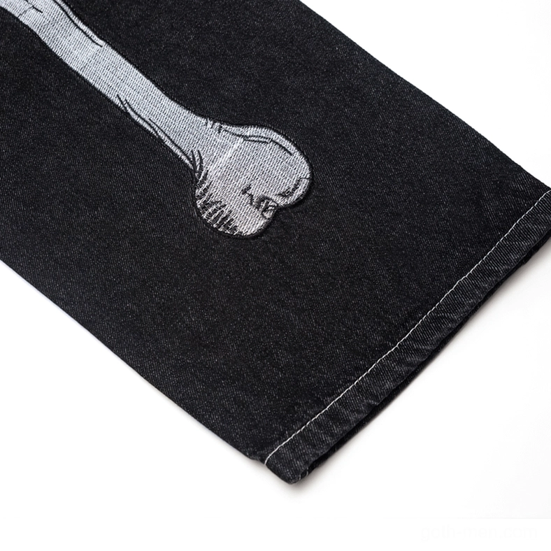 Skeleton hand embroidery gothic jeans styling, dark aesthetic denim wear for alternative fashion