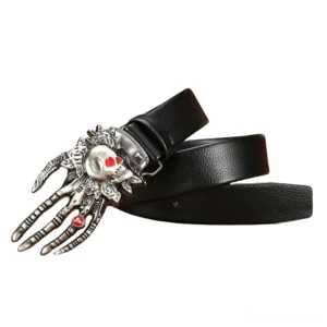Silver skeleton hand buckle gothic belt - close-up of aged vintage-style metal articulation and bone detailing