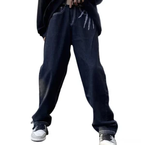 Men wearing skeleton hand bone print gothic jeans front full-body view, alternative dark aesthetic style