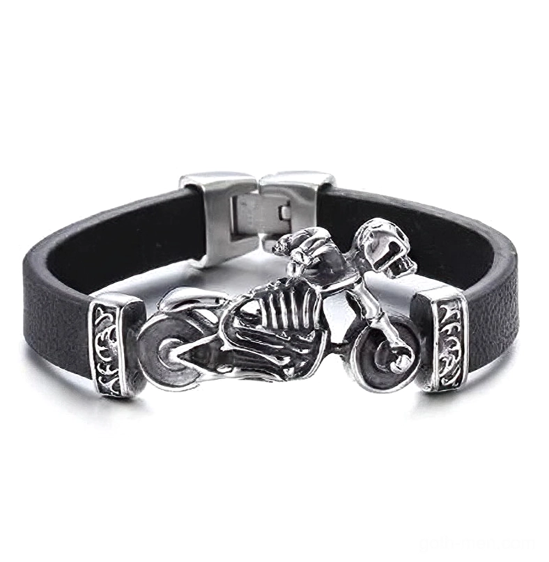 Black leather biker bracelet with skeleton motorcycle rider charm front view