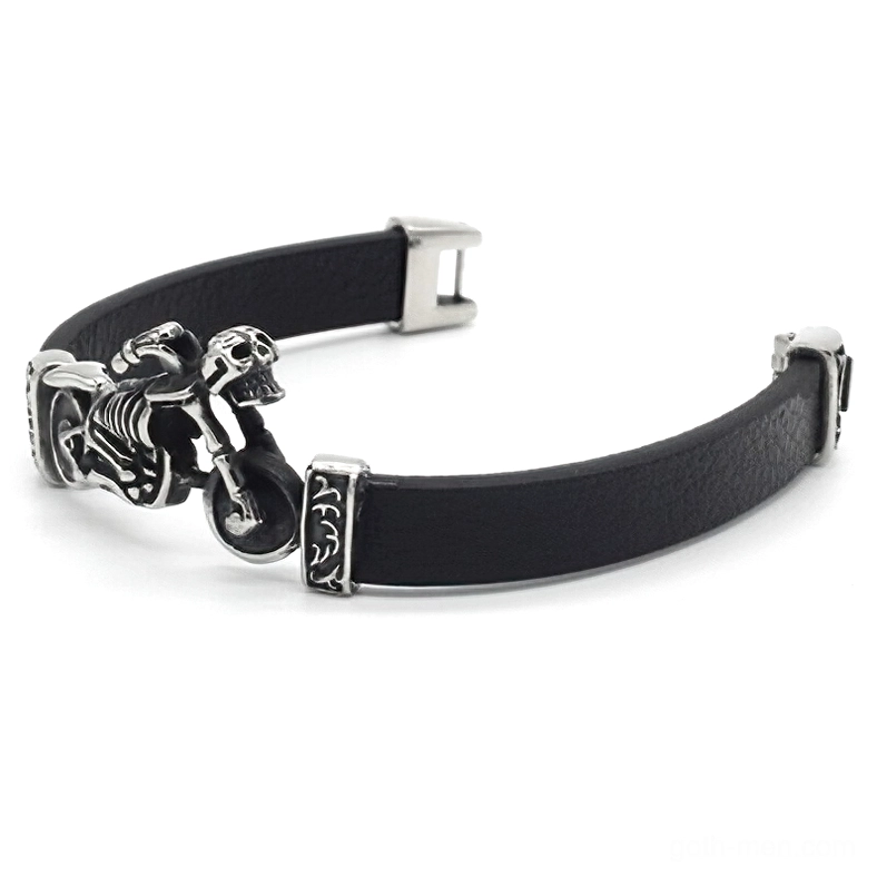 Skeleton motorcycle charm leather bracelet open clasp design detail shot