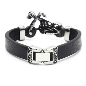Gothic skeleton rider motor charm leather bracelet top-down angle with magnetic clasp