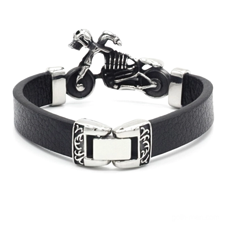 Gothic skeleton rider motor charm leather bracelet top-down angle with magnetic clasp