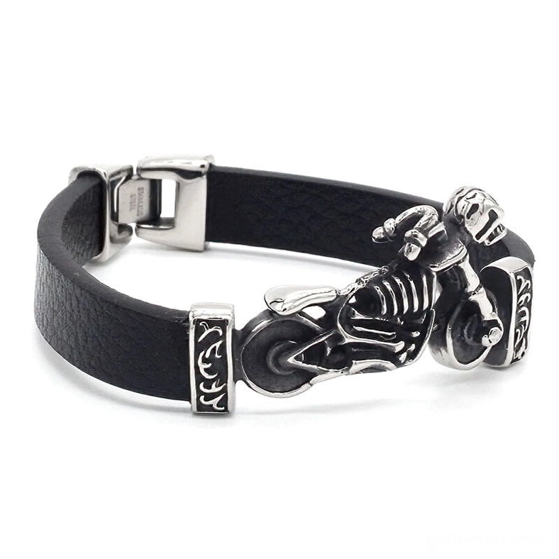 Black genuine leather biker bracelet side view with Celtic engraved connectors