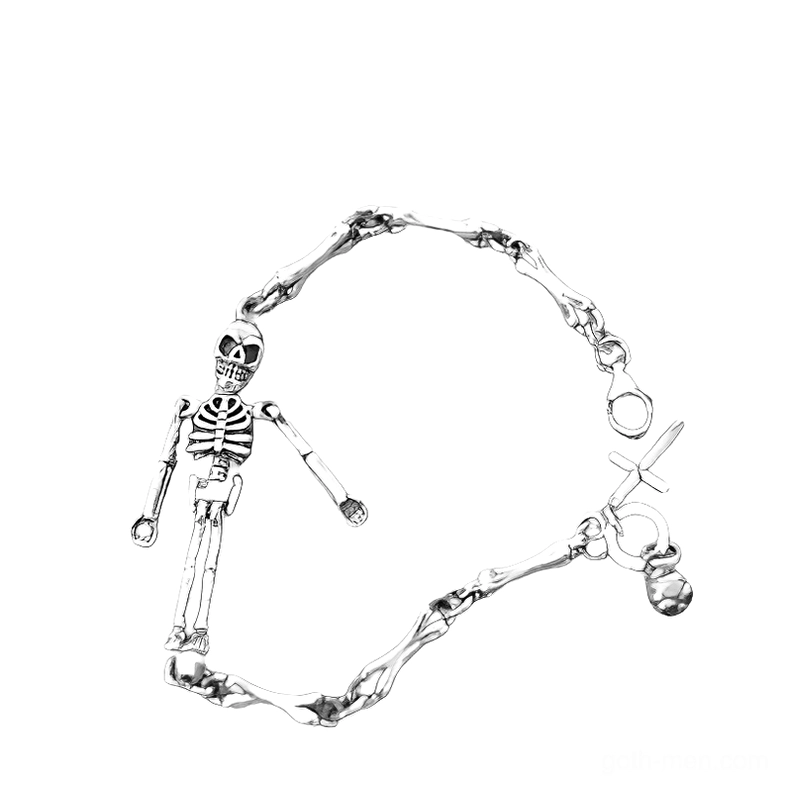 Sterling silver skeleton bracelet frontal view showing standing skull pendant with polished silver finish and cross clasp