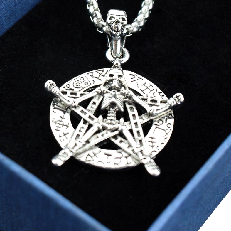 Skeleton pentagram pendant necklace with luxury gift box and velvet lining, unboxing view