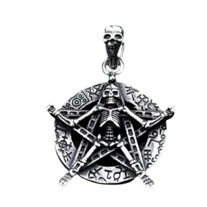 Gothic skeleton pentagram pendant showing detailed skull bail and pentagram design, front view