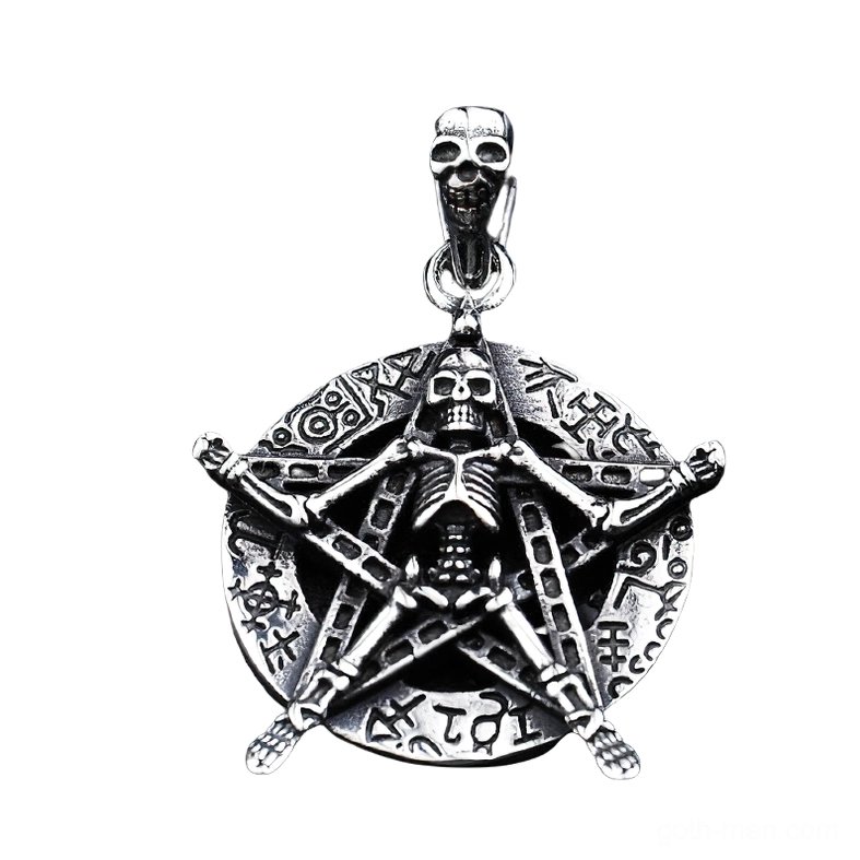 Gothic skeleton pentagram pendant showing detailed skull bail and pentagram design, front view