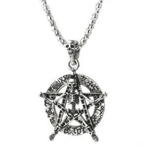 Skeleton pentagram pendant necklace with antique silver finish and intricate rune details, overhead view
