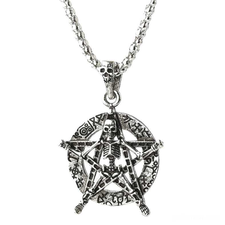 Skeleton pentagram pendant necklace with antique silver finish and intricate rune details, overhead view