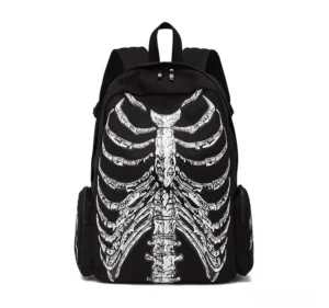 Skeleton ribcage gothic backpack front view with white anatomical print on black canvas